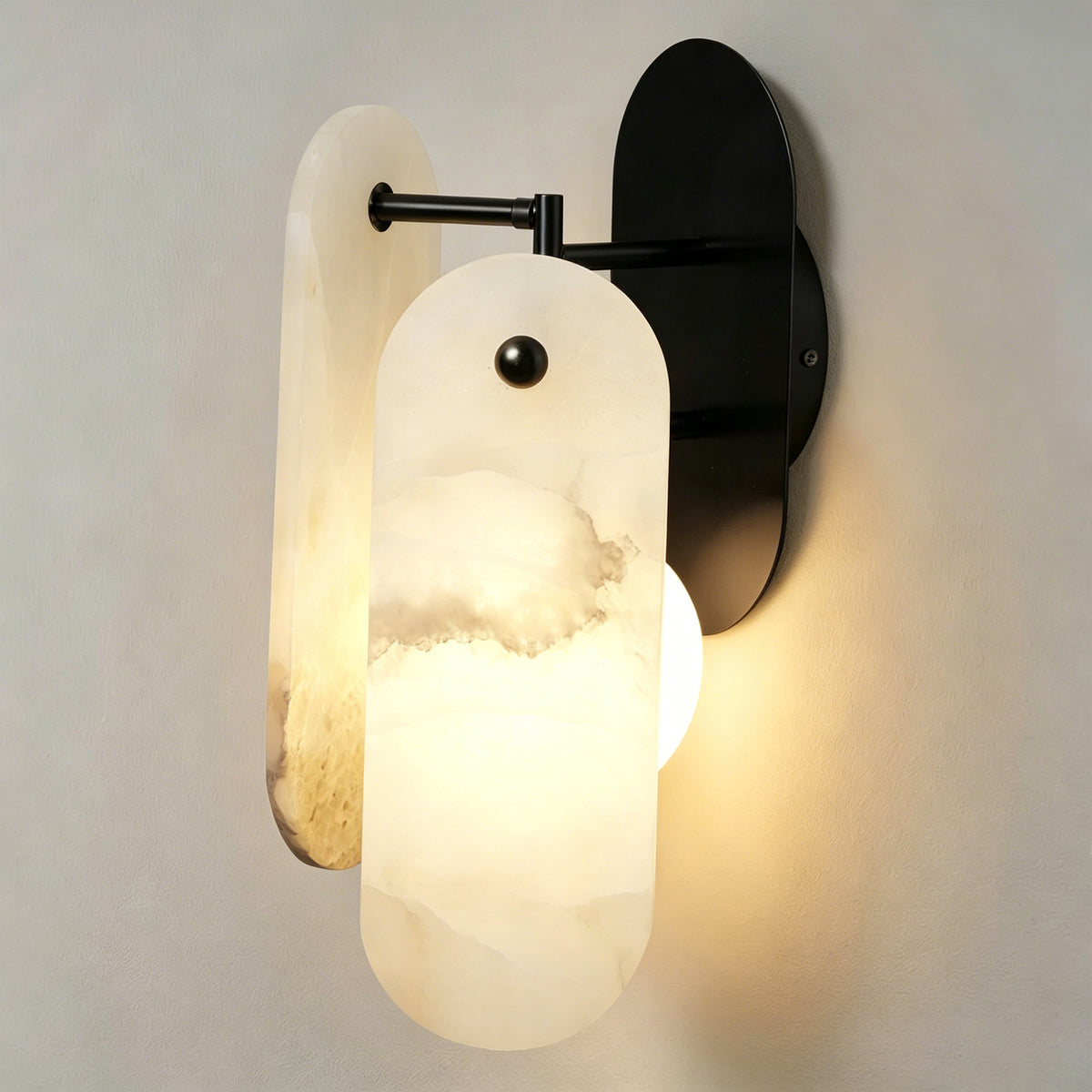 Everly Quinn Modern Natural Alabaster Stone Wall Sconce, Dimmable Mid-Century Accent Vanity Light