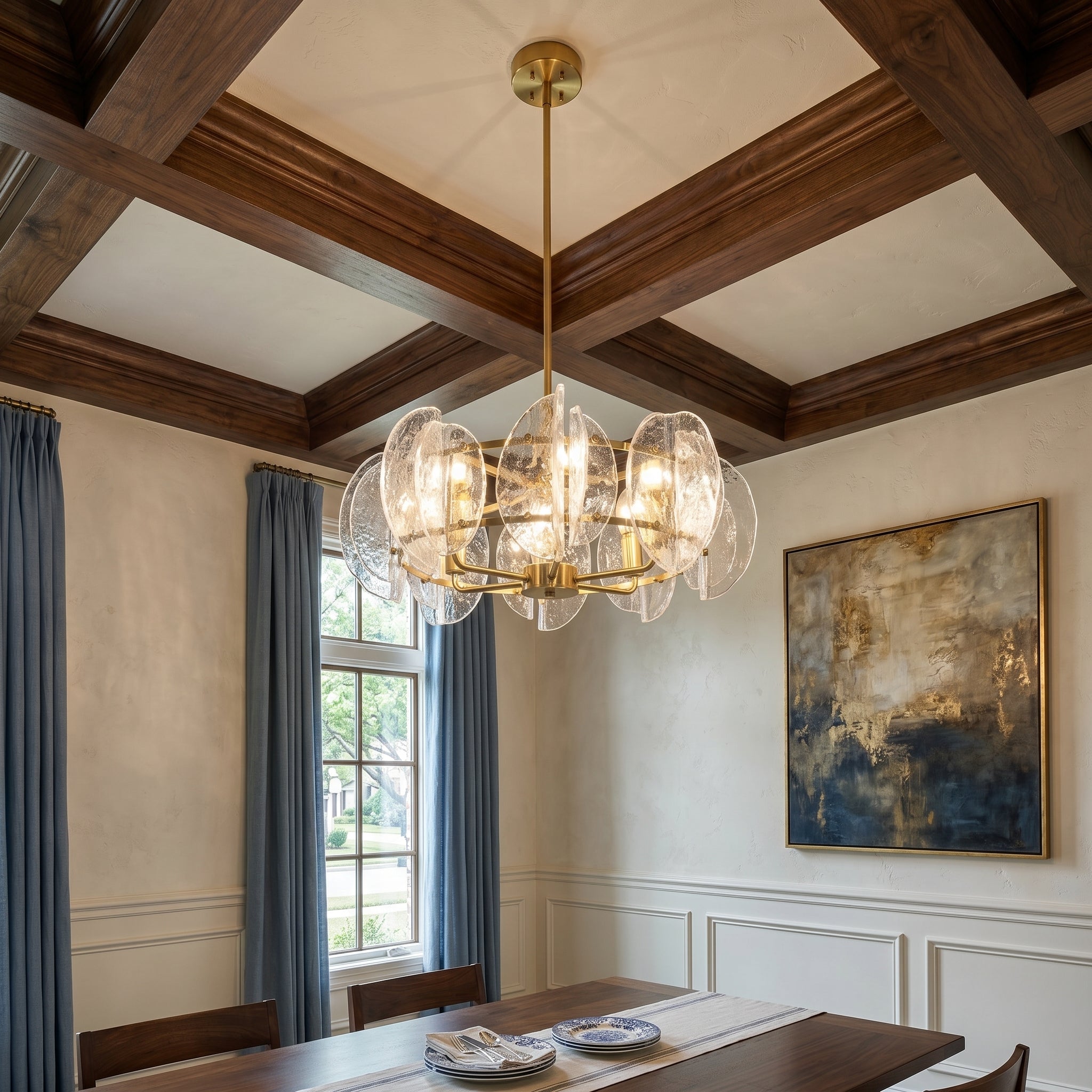 Dehowell Modern 6-Light Hammered Glass Disc Chandelier with Gold Fixture