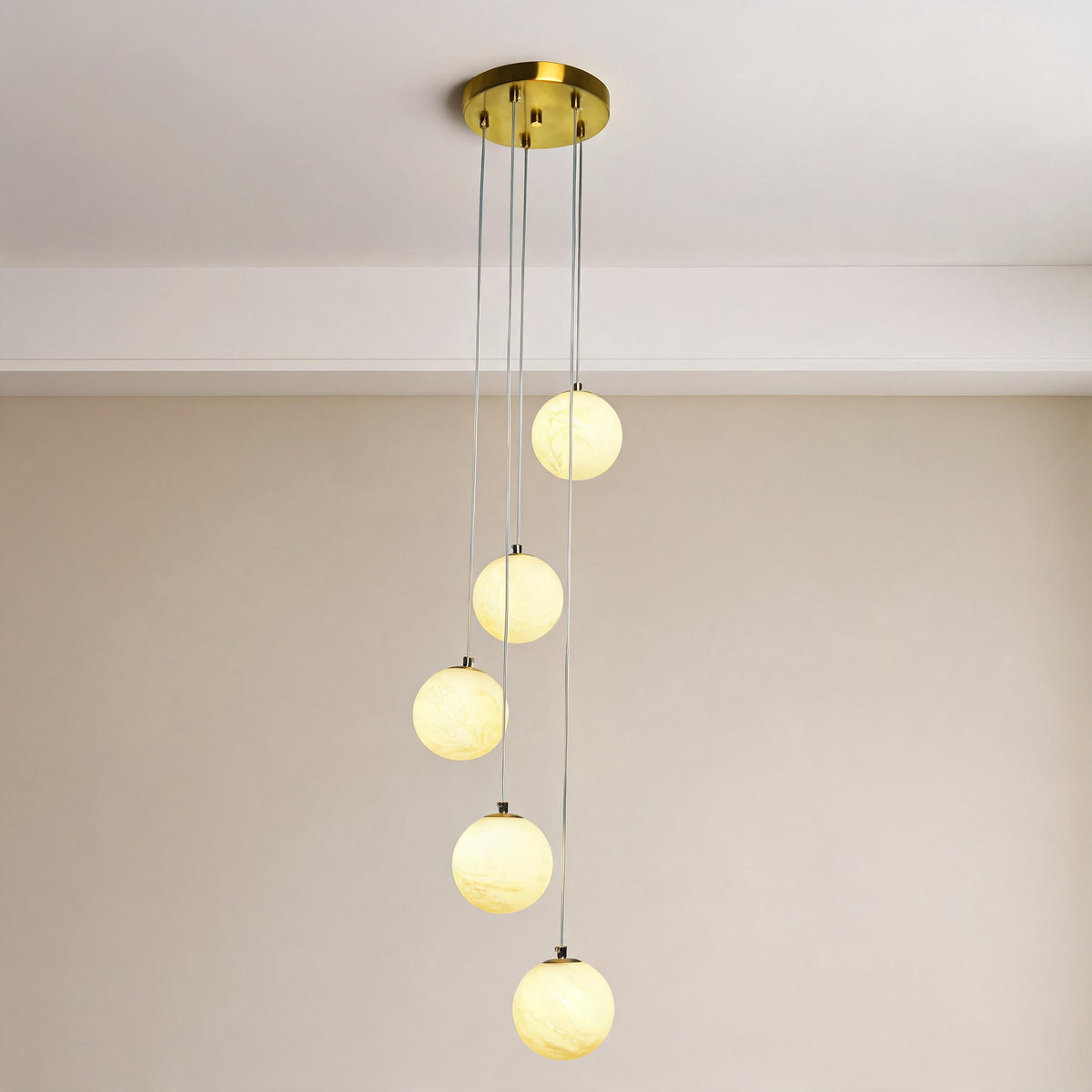 Modern 5-Light Faux Alabaster Glass Globe Cluste Pendant Light with Brass Finish Metal
