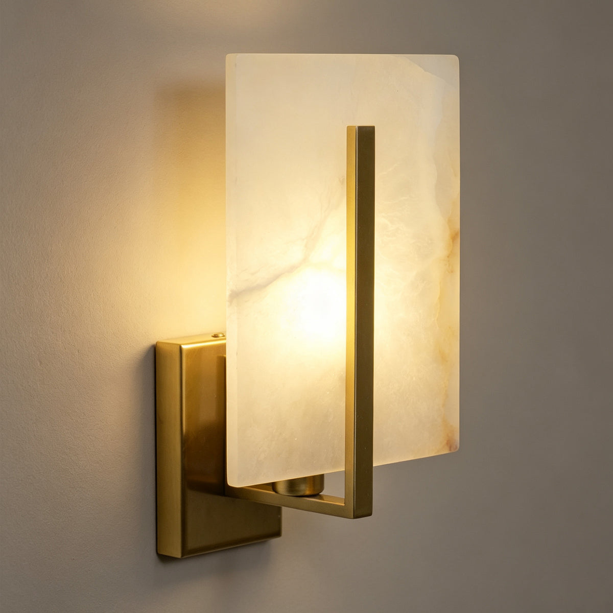 Rectangle Spanish Alabaster Wall Sconce Light 3-Color Selectable Brass LED Wall Mount Lamp