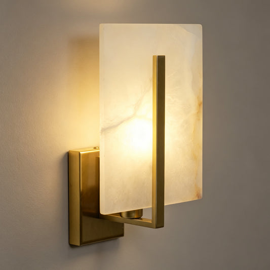 Rectangle Spanish Alabaster Wall Sconce Light 3-Color Selectable Brass LED Wall Mount Lamp