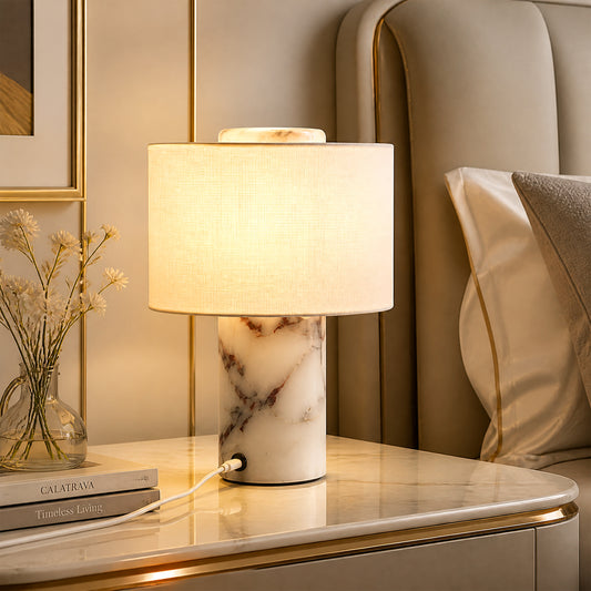 Modern Rechargeable Bulgari Natural Marble Table Lamp, Cordless Touch Control LED Accent Desk Lamp with Fabric Shade & 3-Color Dimmer for Bedroom & Living Room