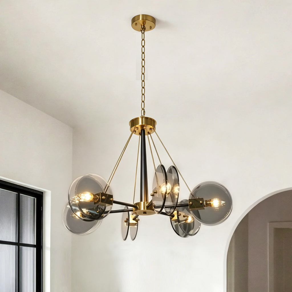 Dehowll Modern 6-Light Smoked Glass Disc Chandelier - Black & Brass Accent
