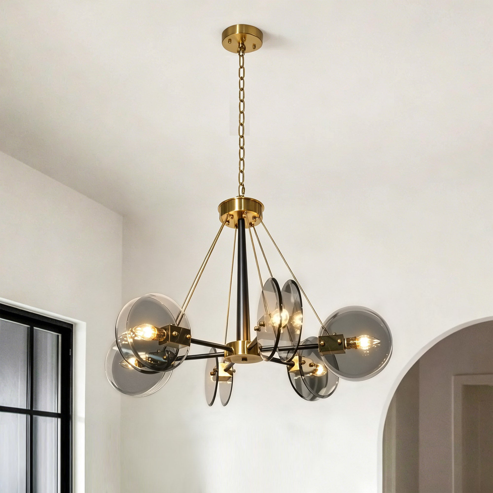 Dehowll Modern 6-Light Smoked Glass Disc Chandelier - Black & Brass Accent