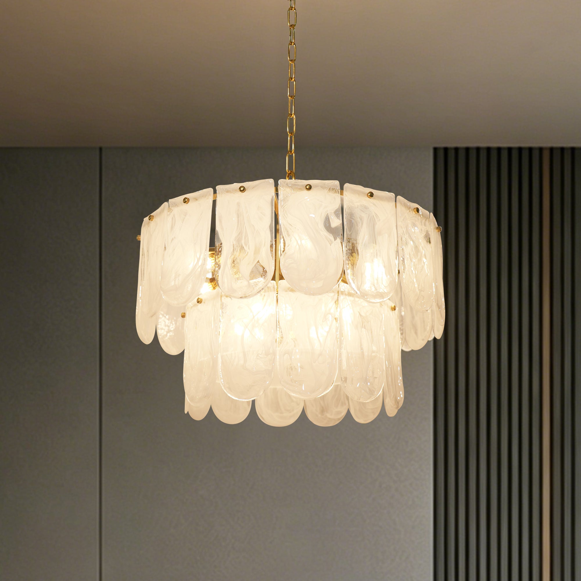 Dehowell Tiered 2-Tier Water Ripple Cloud Glass Traditional Classic Chandelier with Gold Metal Chain