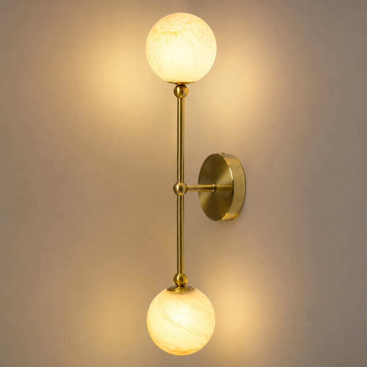 2-Light Globe Wall Sconce with Alabaster-Pattern Glass Shades and Brass Finish