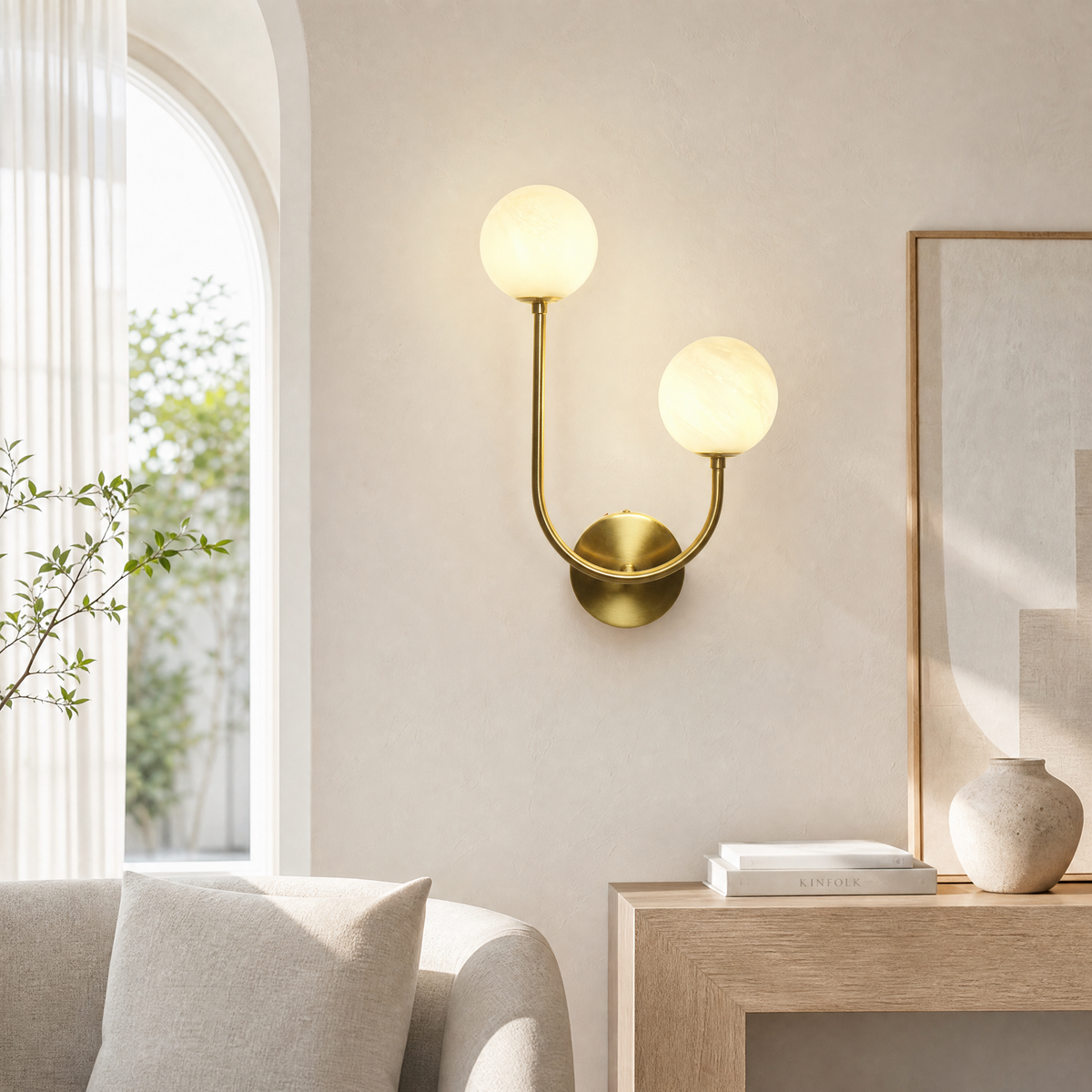Modern 2-Light Globe Wall Sconce with Faux Alabaster Glass Shades and Brass Finish