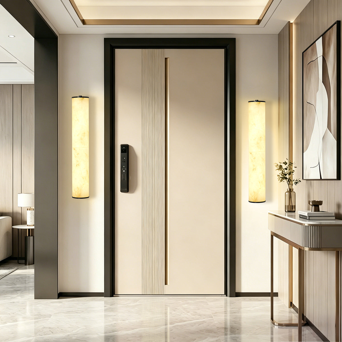 19.7" Modern Cylindrical LED Natural Alabaster Wall Sconce, Dimmable Integrated Light with Brass Metal Backp