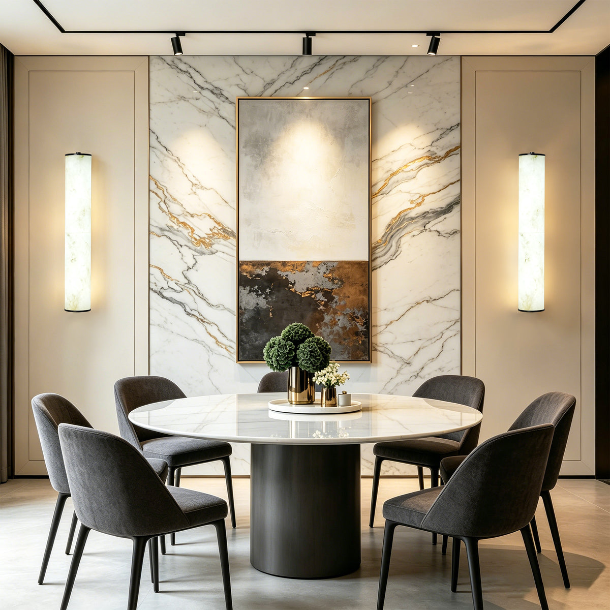 19.7" Modern Cylindrical LED Natural Alabaster Wall Sconce, Dimmable Integrated Light with Brass Metal Backp