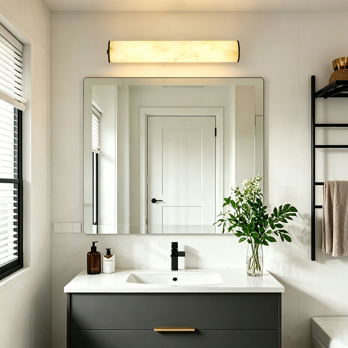 19.7" Modern Cylindrical LED Natural Alabaster Wall Sconce, Dimmable Integrated Light with Brass Metal Backp