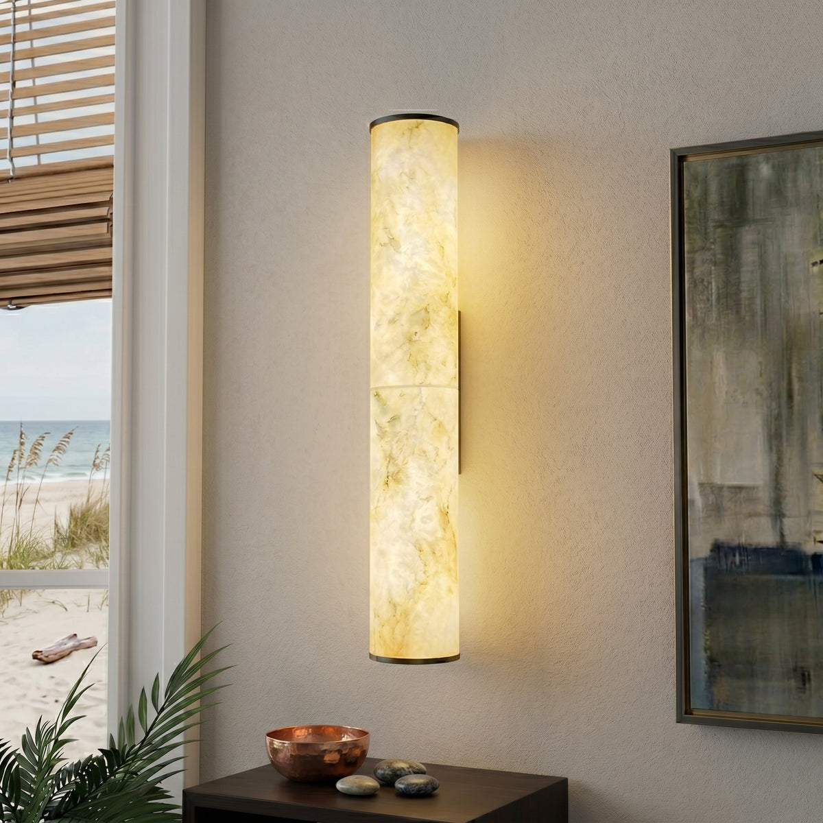 19.7" Modern Cylindrical LED Natural Alabaster Wall Sconce, Dimmable Integrated Light with Brass Metal Backp