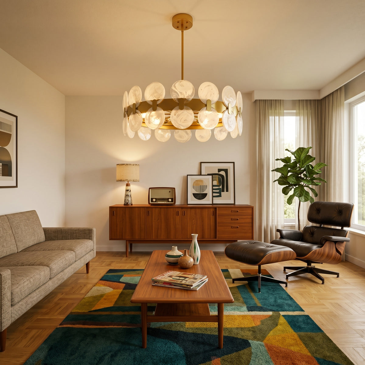 Modern 6 Light 27.56" Gold Chandelier with Handcrafted Cloud Glass Shades