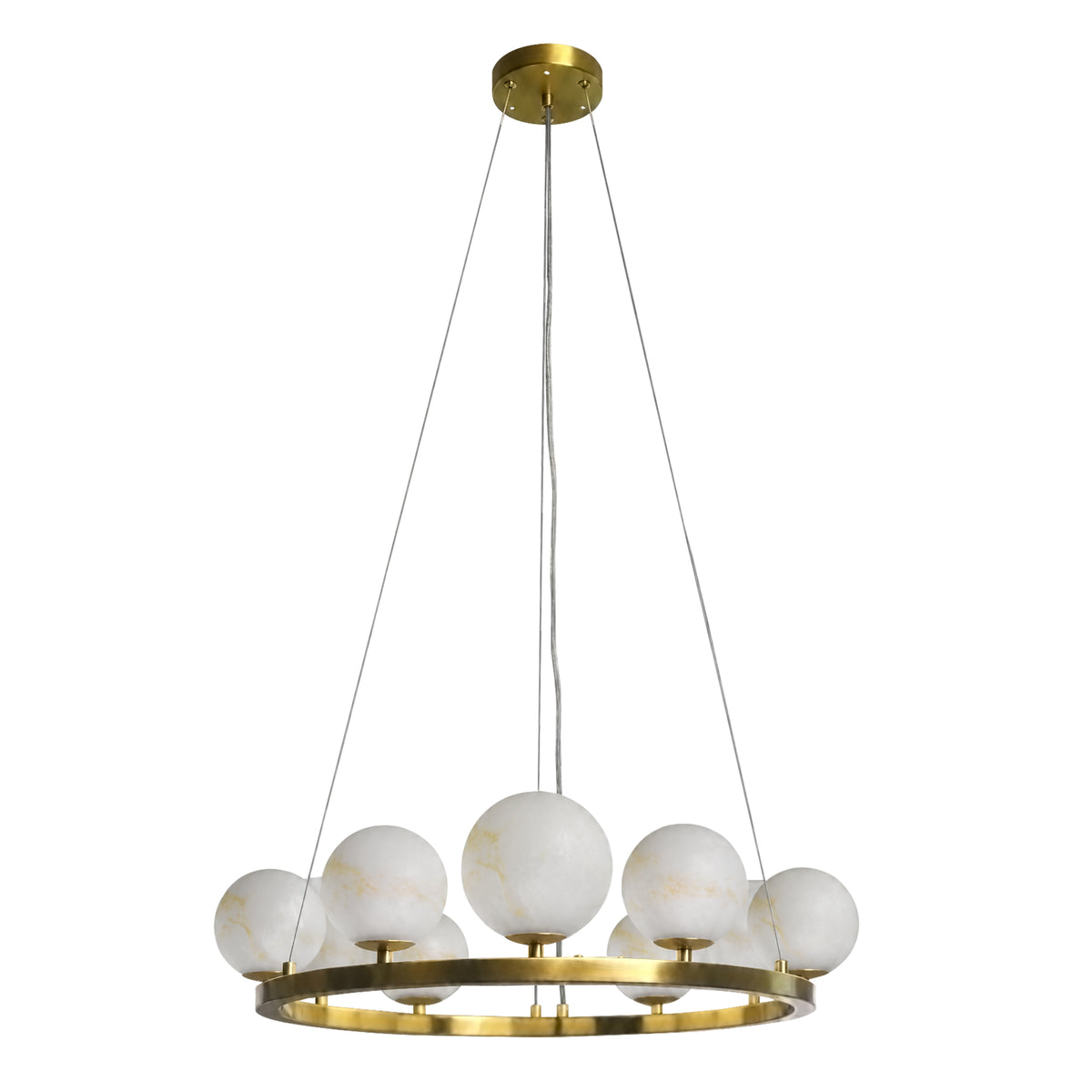 9-Light Brass Modern Globe Chandelier Wagon Wheel Ring Pendant Light with Faux Alabaster Glass Shade