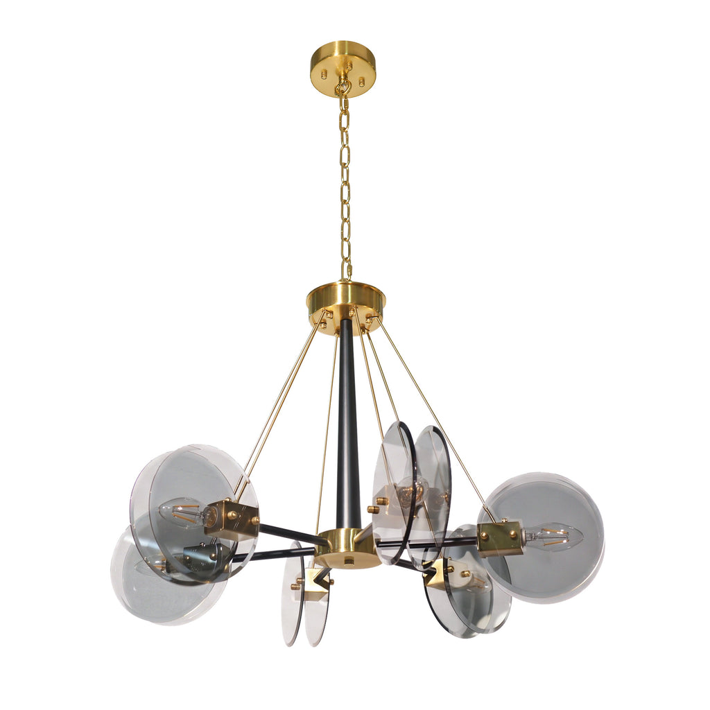 Dehowll Modern 6-Light Smoked Glass Disc Chandelier - Black & Brass Accent