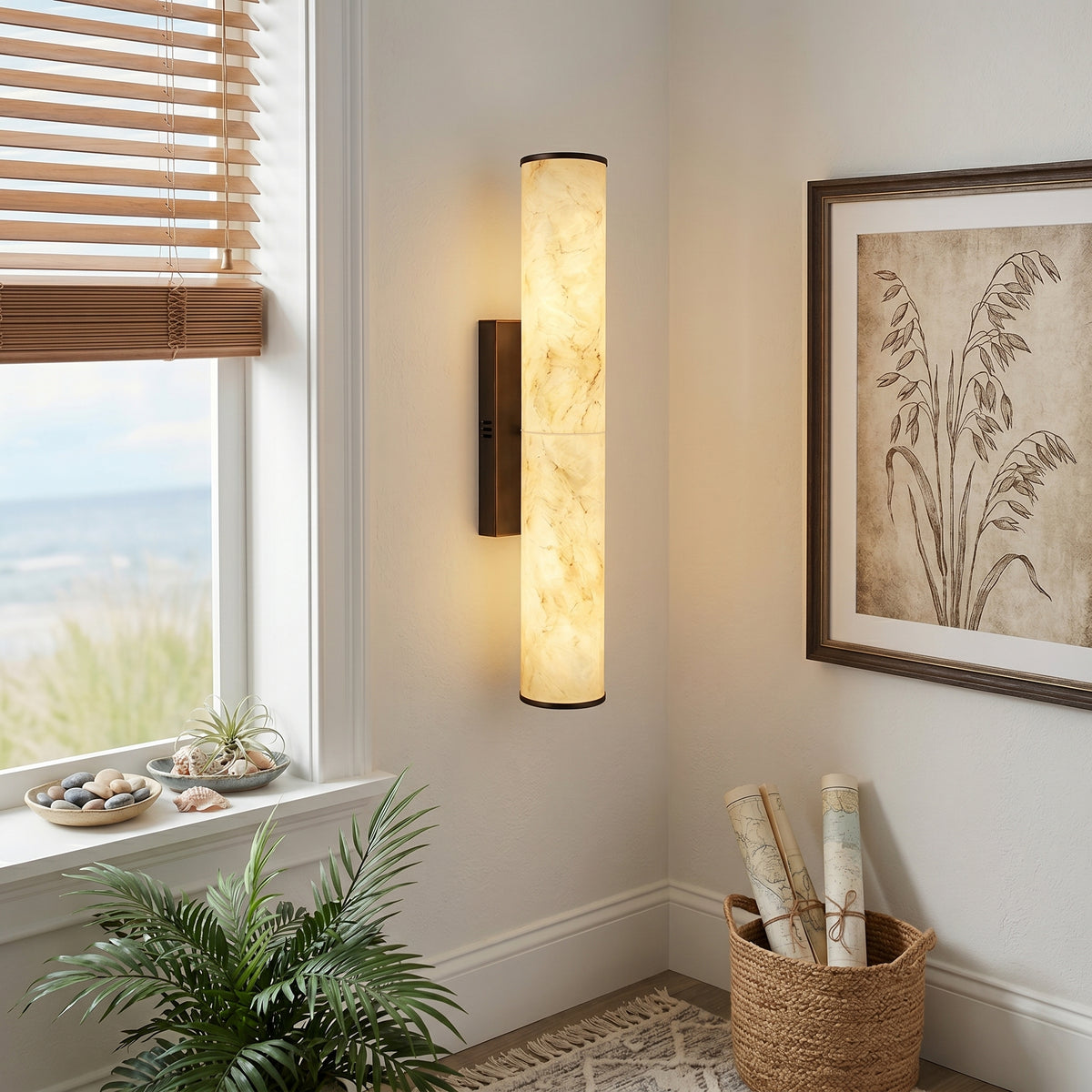 19.7" Modern Cylindrical LED Natural Alabaster Wall Sconce, Dimmable Integrated Light with Brass Metal Backp
