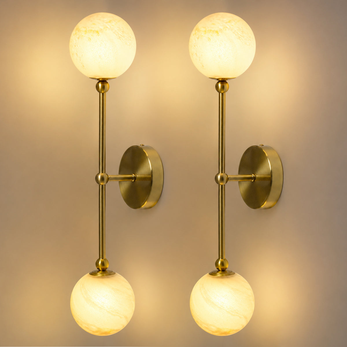 2-Light Globe Wall Sconce with Alabaster-Pattern Glass Shades and Brass Finish