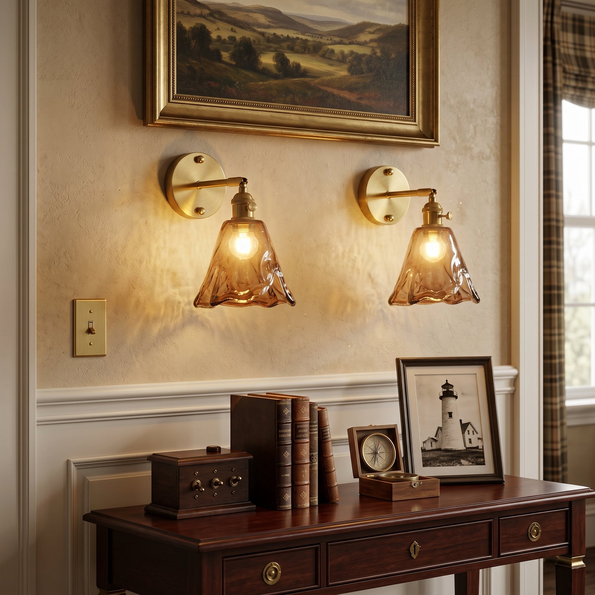 Dehowell 2 lights Adjustable Metal Armed Wall Sconce with Amber Glass Lampeshade