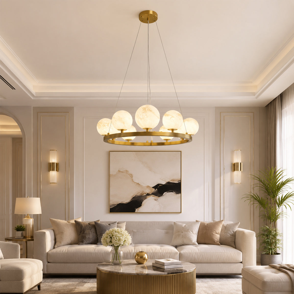 9-Light Brass Modern Globe Chandelier Wagon Wheel Ring Pendant Light with Faux Alabaster Glass Shade