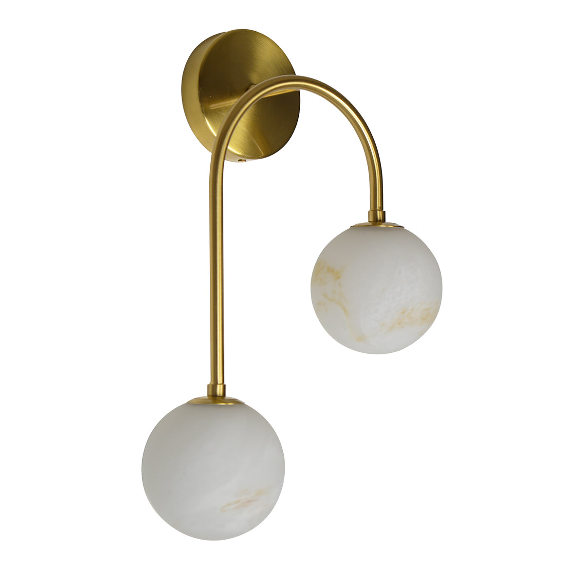 Modern 2-Light Globe Wall Sconce with Faux Alabaster Glass Shades and Brass Finish