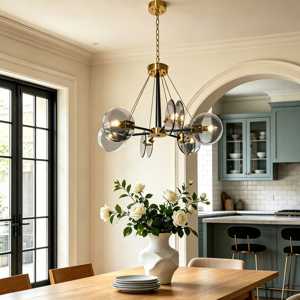 Dehowll Modern 6-Light Smoked Glass Disc Chandelier - Black & Brass Accent