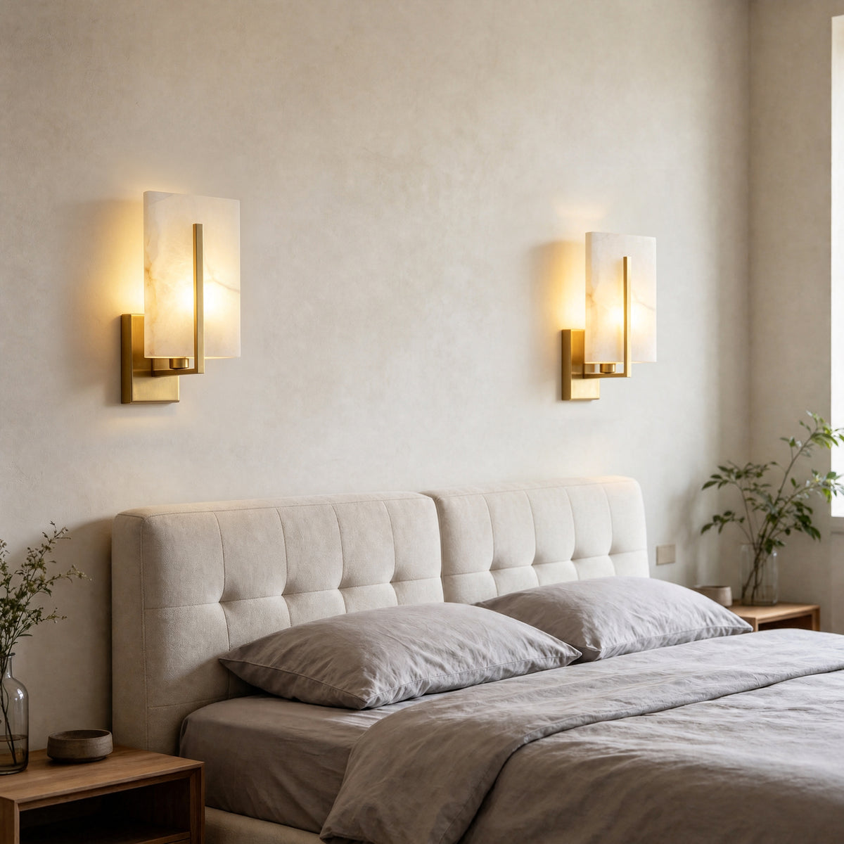 Rectangle Spanish Alabaster Wall Sconce Light 3-Color Selectable Brass LED Wall Mount Lamp