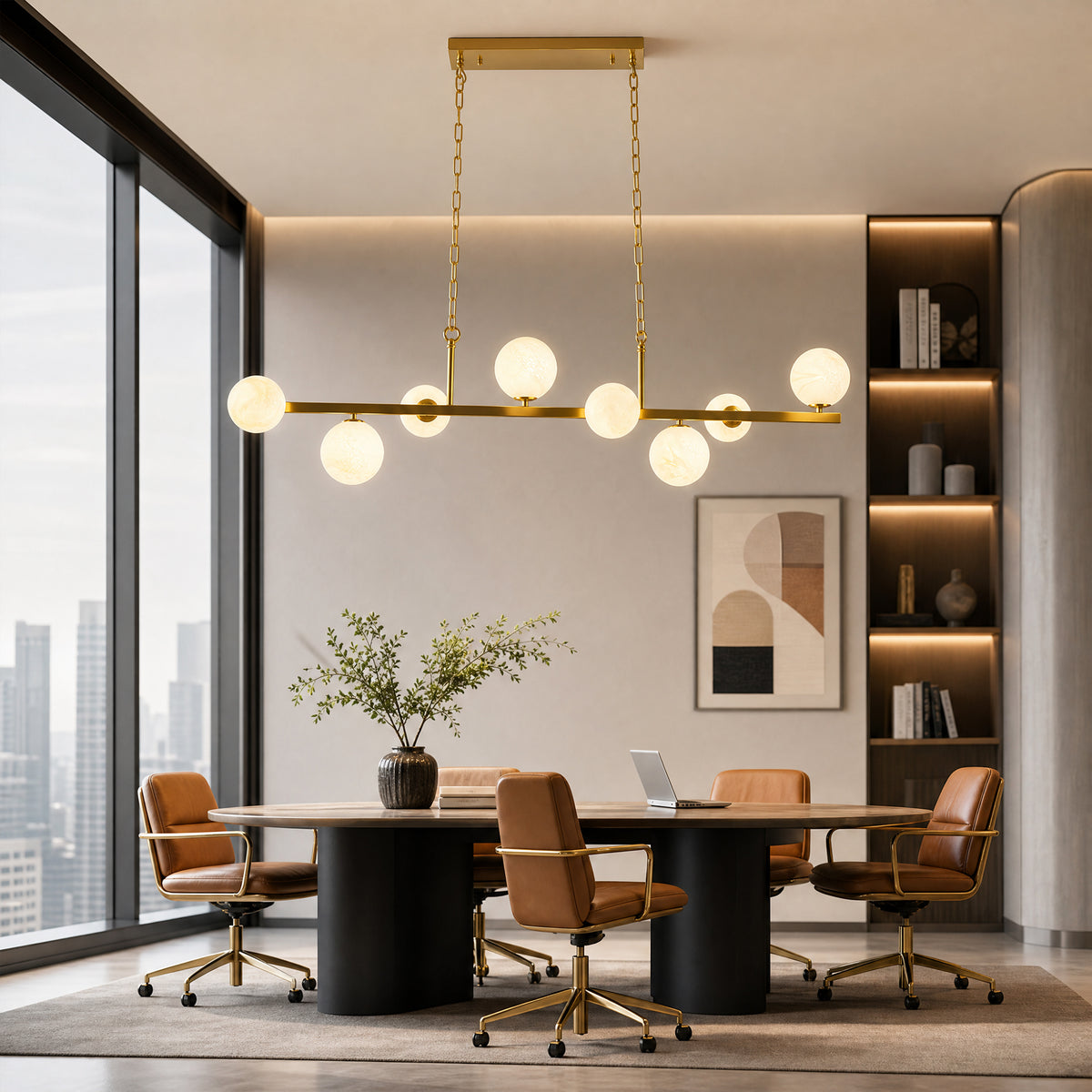 8-Light Brass Modern Linear Chandelier Kitchen Island Pendant Light with Faux Alabaster Glass Shade