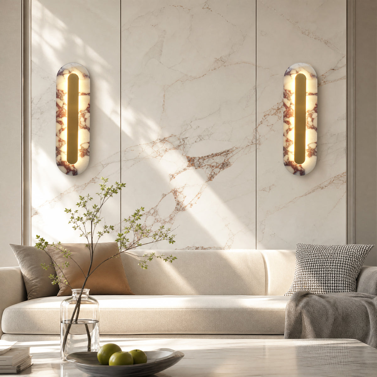 Modern Bulgari Marble Wall Sconce, 3‑Step CCT Selectable LED Light with Brass Metal Accent