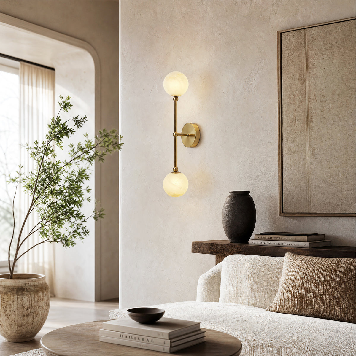 2-Light Globe Wall Sconce with Alabaster-Pattern Glass Shades and Brass Finish