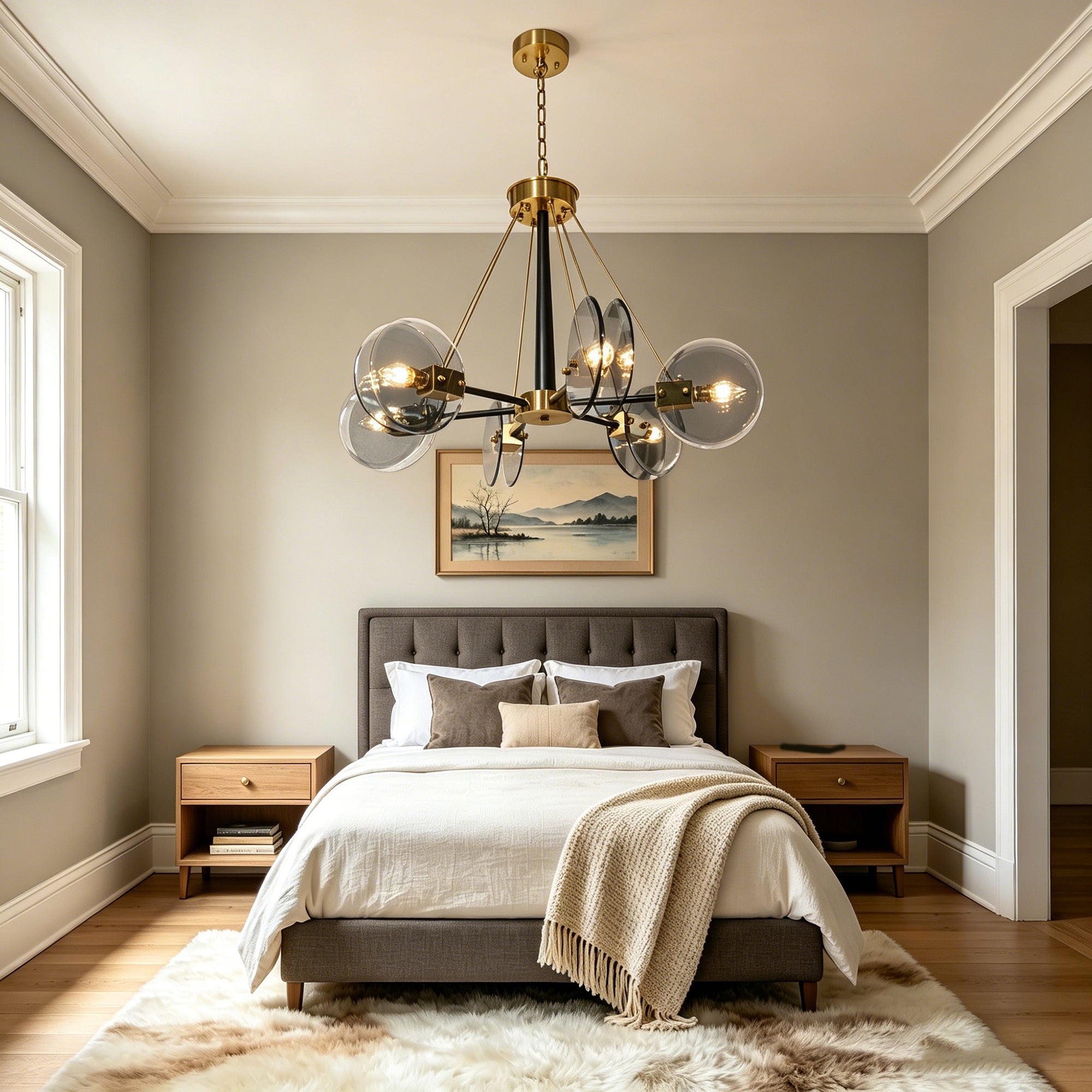Dehowll Modern 6-Light Smoked Glass Disc Chandelier - Black & Brass Accent