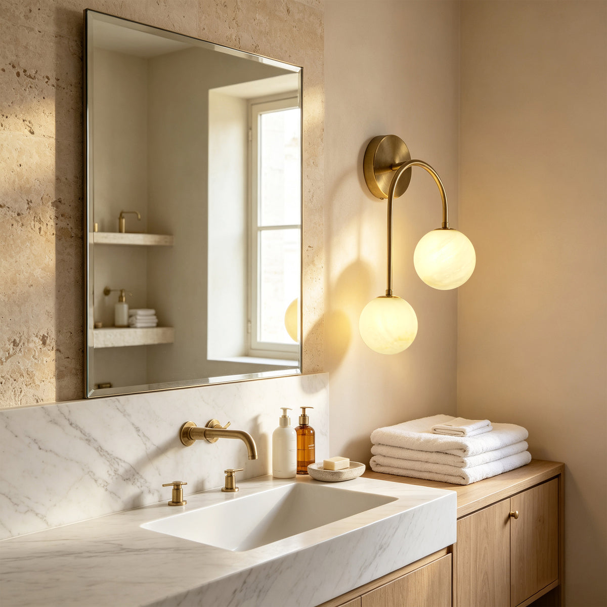 Modern 2-Light Globe Wall Sconce with Faux Alabaster Glass Shades and Brass Finish