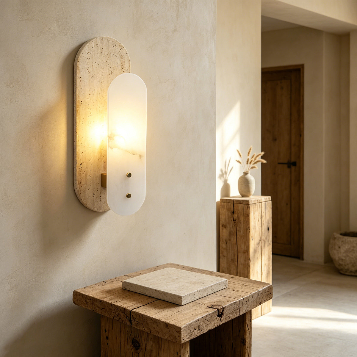 Modern 1-Light 14.57in Travertine and Alabaster LED Flush Mount Wall Sconce with Brass Accent