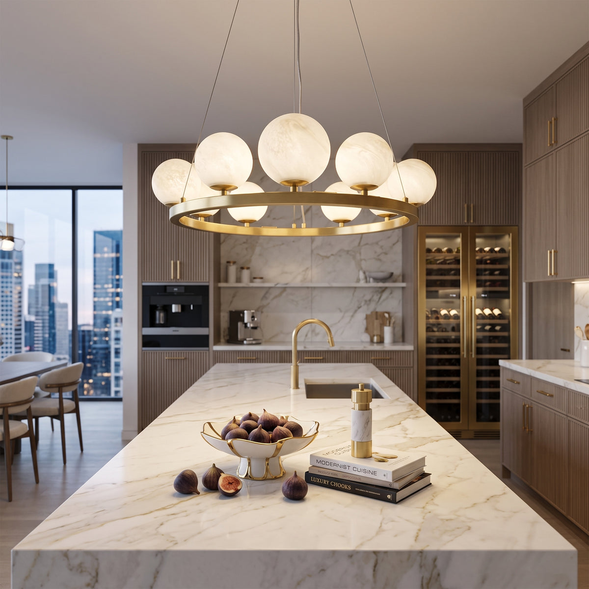 9-Light Brass Modern Globe Chandelier Wagon Wheel Ring Pendant Light with Faux Alabaster Glass Shade