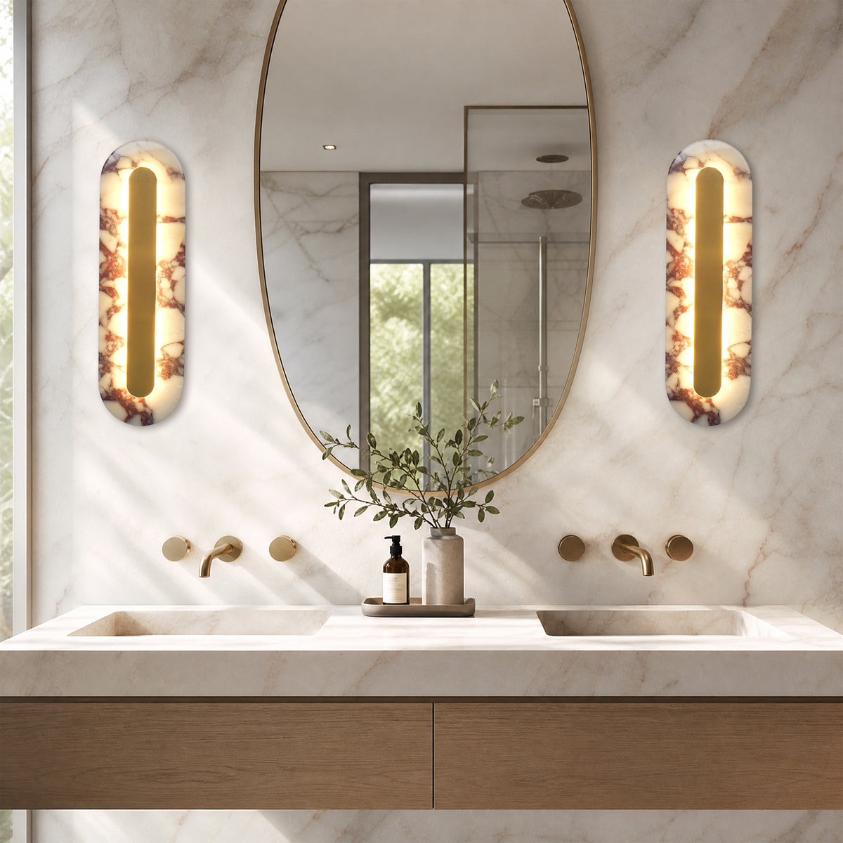 Modern Bulgari Marble Wall Sconce, 3‑Step CCT Selectable LED Light with Brass Metal Accent
