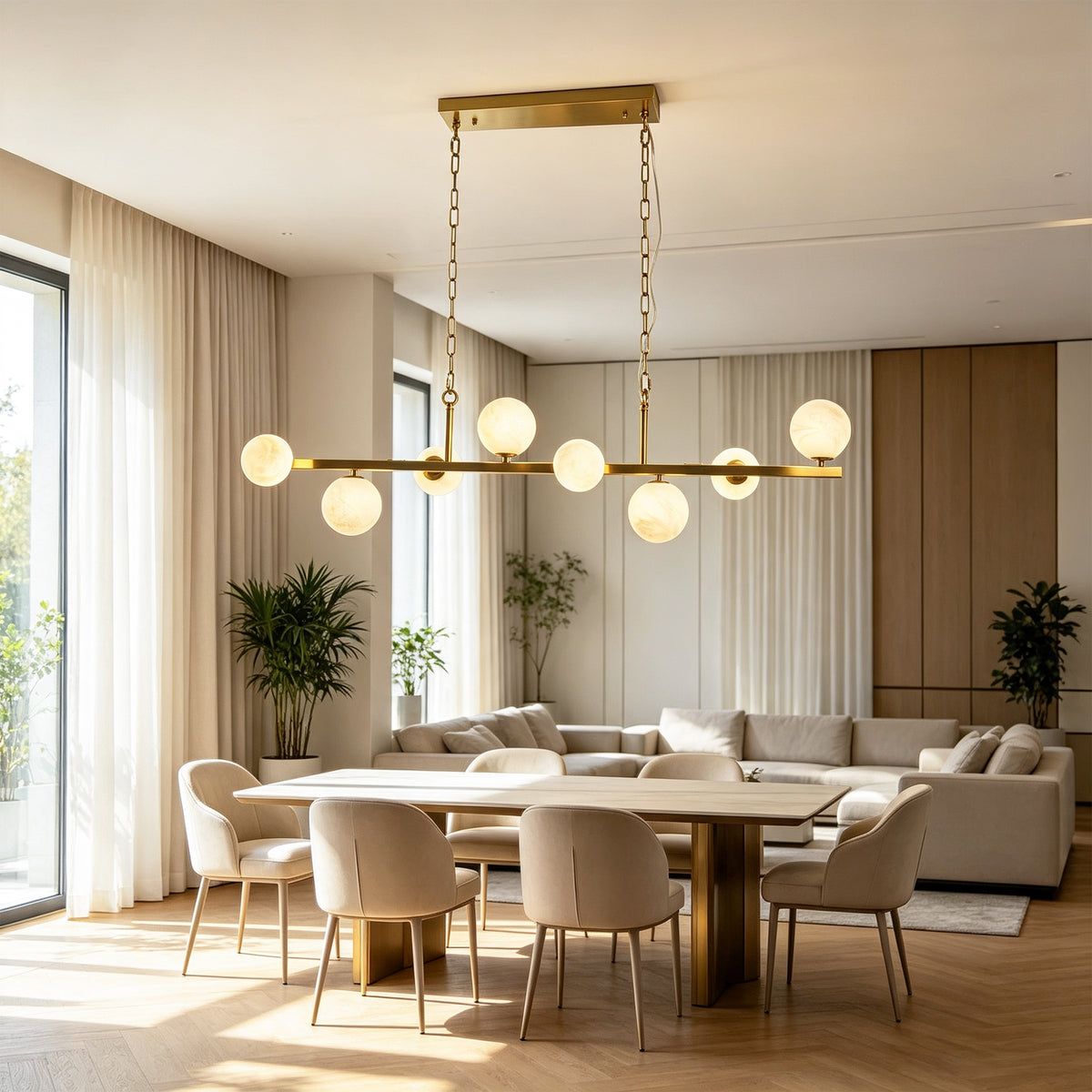 8-Light Brass Modern Linear Chandelier Kitchen Island Pendant Light with Faux Alabaster Glass Shade