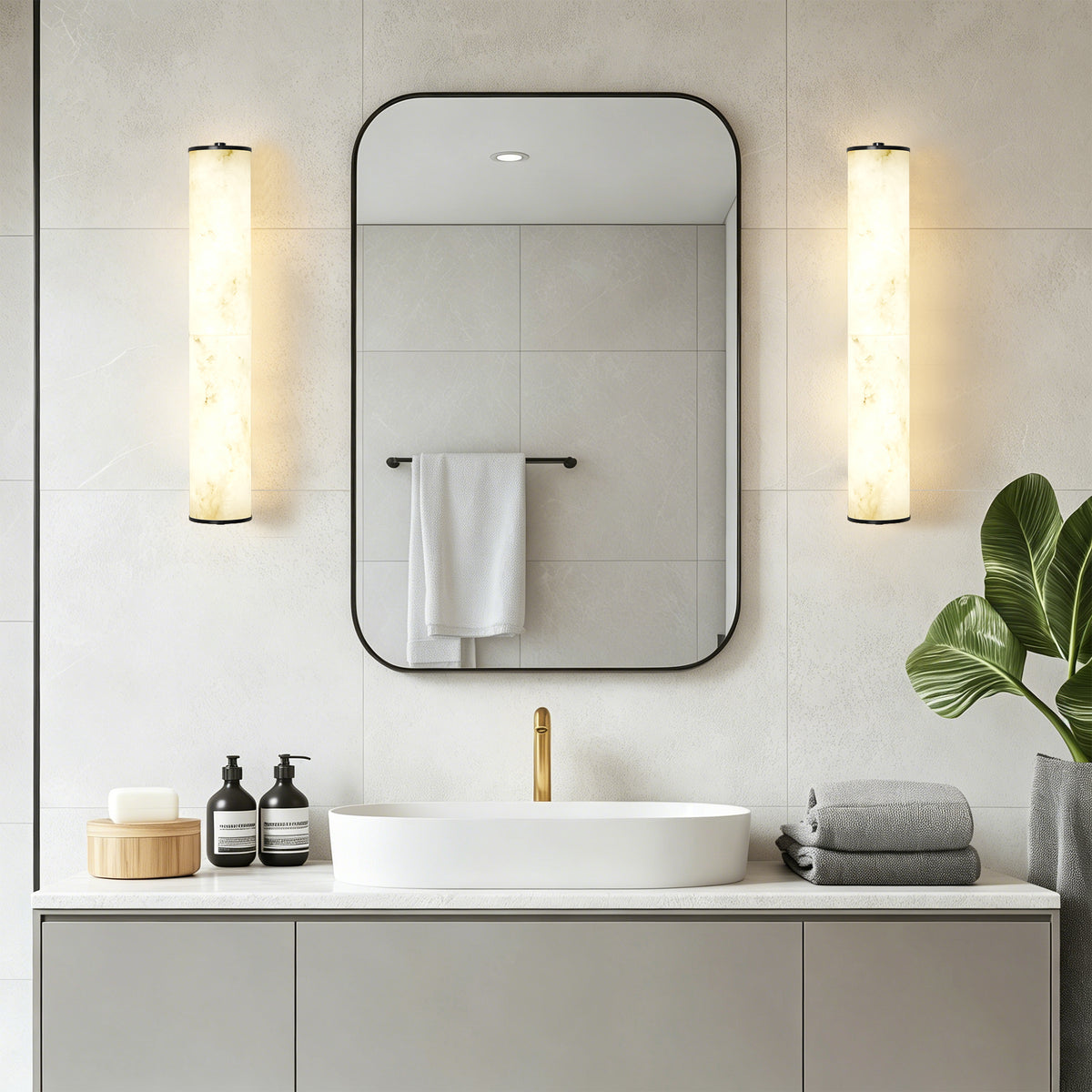 19.7" Modern Cylindrical LED Natural Alabaster Wall Sconce, Dimmable Integrated Light with Brass Metal Backp