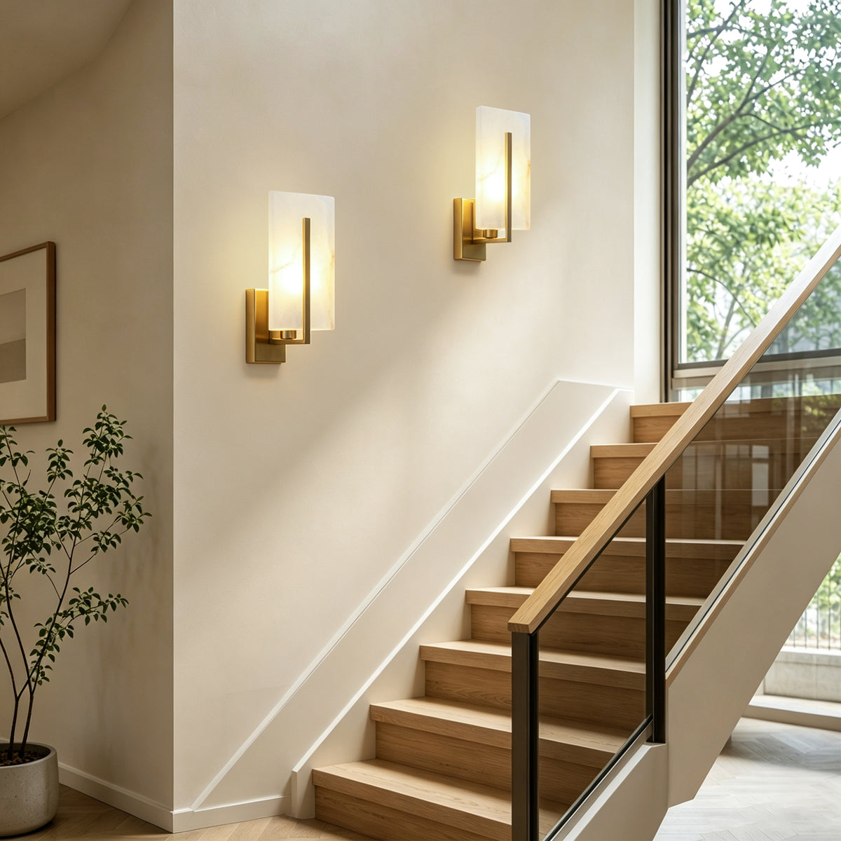 Rectangle Spanish Alabaster Wall Sconce Light 3-Color Selectable Brass LED Wall Mount Lamp