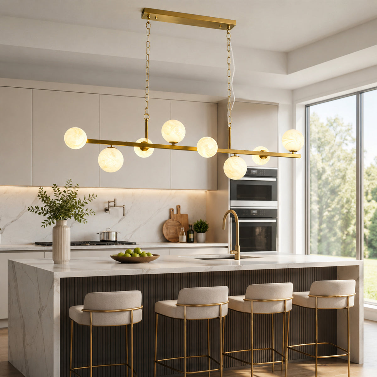 8-Light Brass Modern Linear Chandelier Kitchen Island Pendant Light with Faux Alabaster Glass Shade