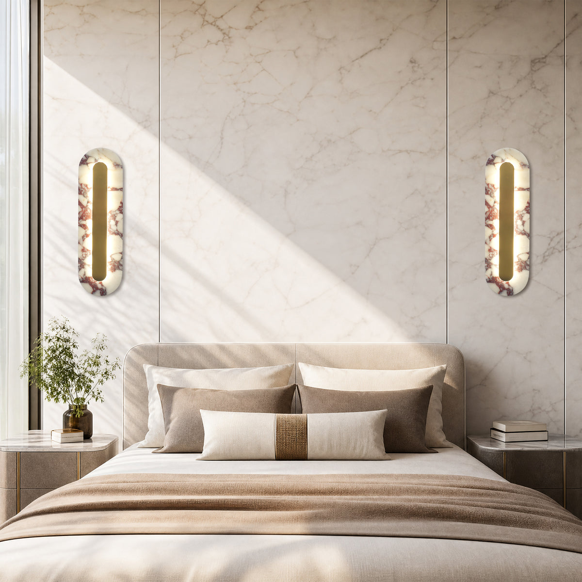 Modern Bulgari Marble Wall Sconce, 3‑Step CCT Selectable LED Light with Brass Metal Accent