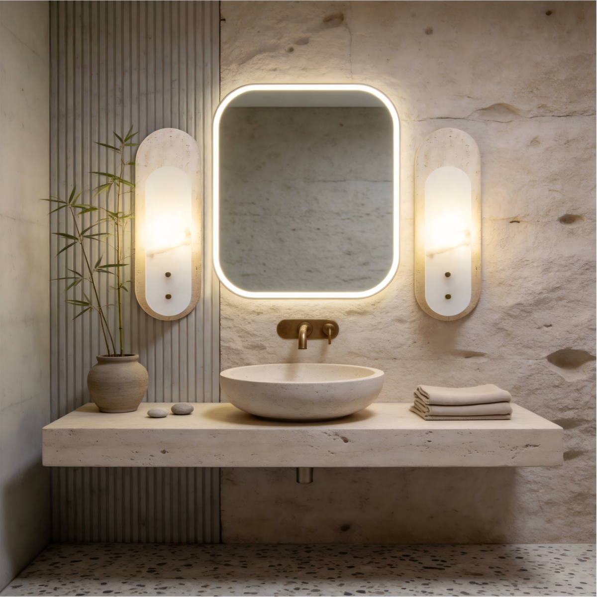 Modern 1-Light 14.57in Travertine and Alabaster LED Flush Mount Wall Sconce with Brass Accent