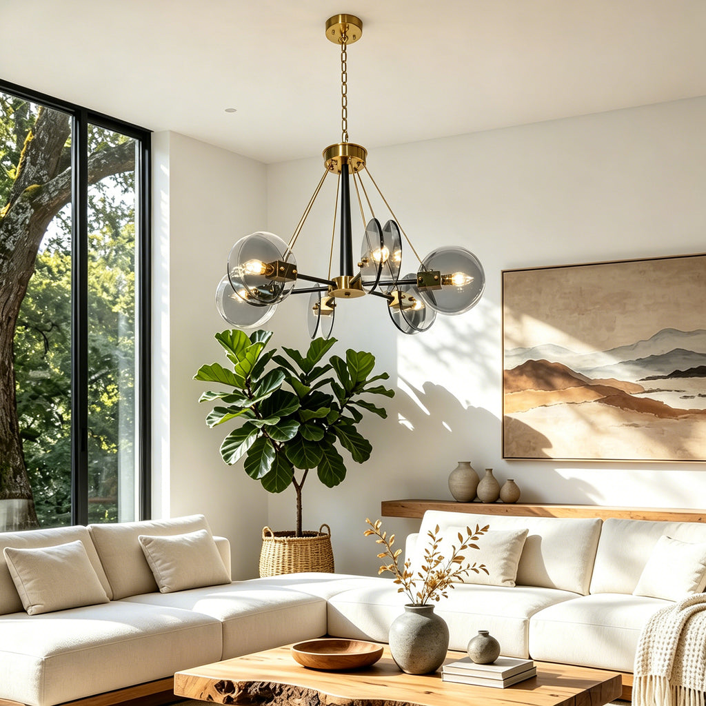 Dehowll Modern 6-Light Smoked Glass Disc Chandelier - Black & Brass Accent
