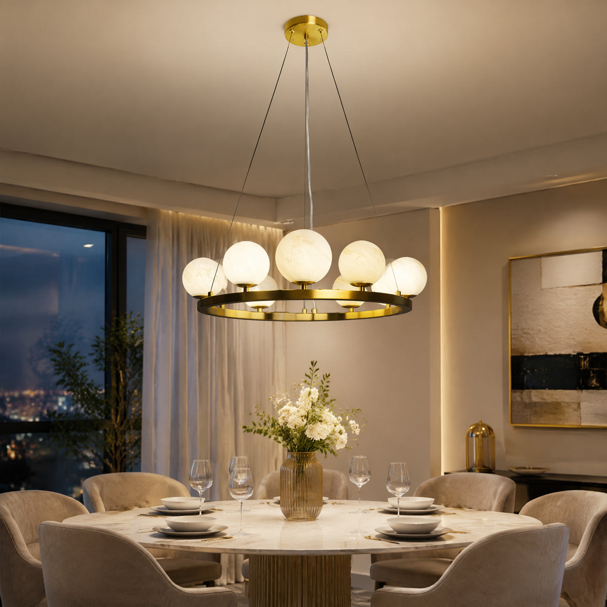 9-Light Brass Modern Globe Chandelier Wagon Wheel Ring Pendant Light with Faux Alabaster Glass Shade