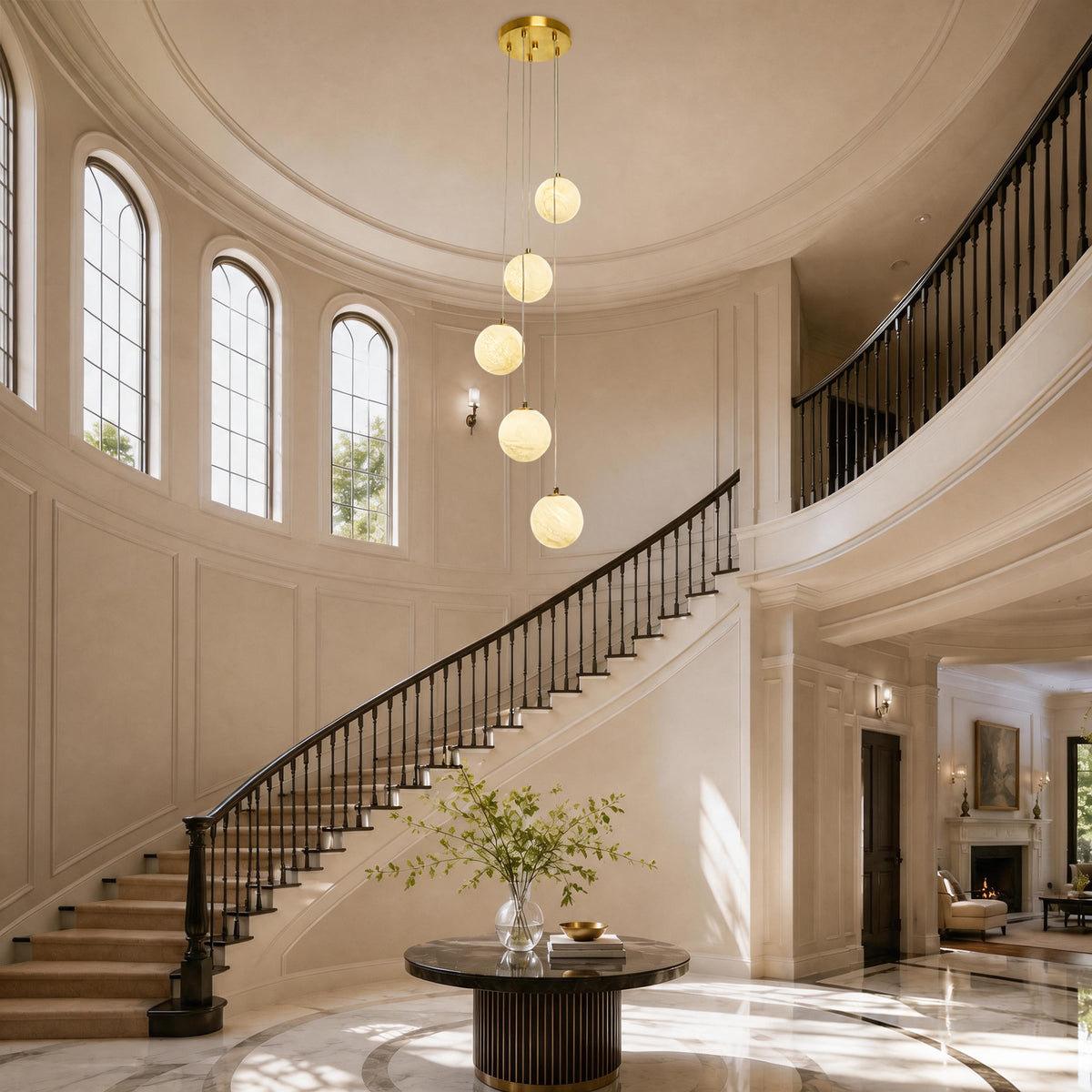 Modern 5-Light Faux Alabaster Glass Globe Cluste Pendant Light with Brass Finish Metal