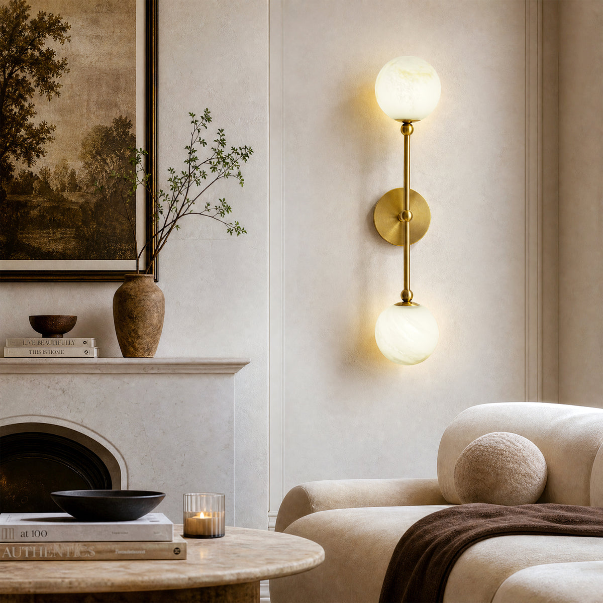 2-Light Globe Wall Sconce with Alabaster-Pattern Glass Shades and Brass Finish