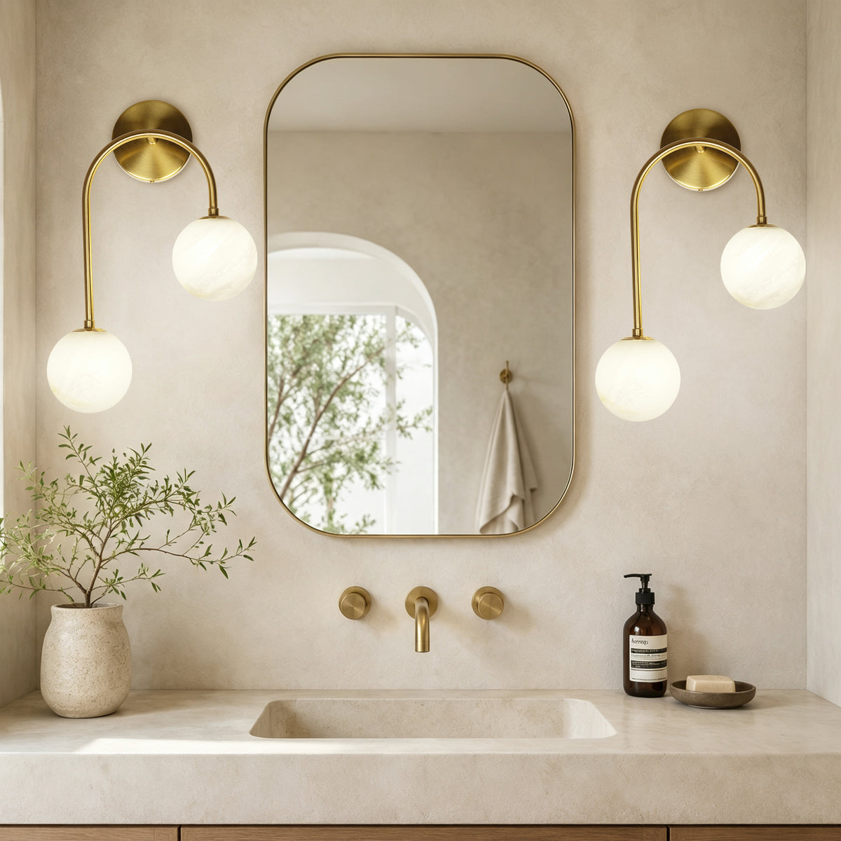 Modern 2-Light Globe Wall Sconce with Faux Alabaster Glass Shades and Brass Finish
