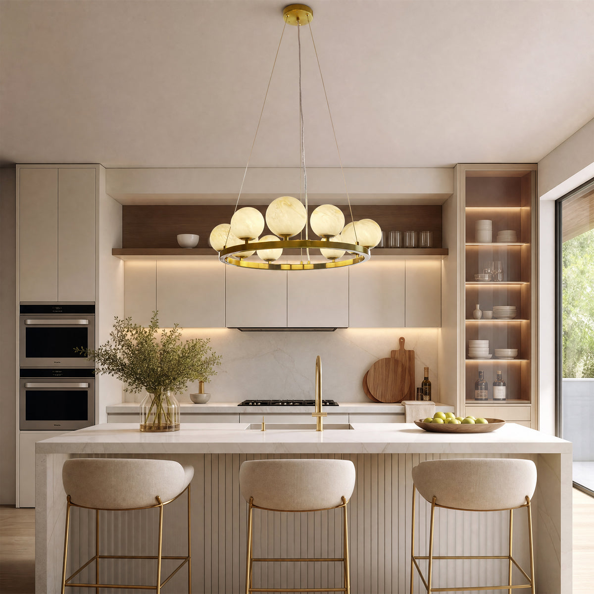 9-Light Brass Modern Globe Chandelier Wagon Wheel Ring Pendant Light with Faux Alabaster Glass Shade