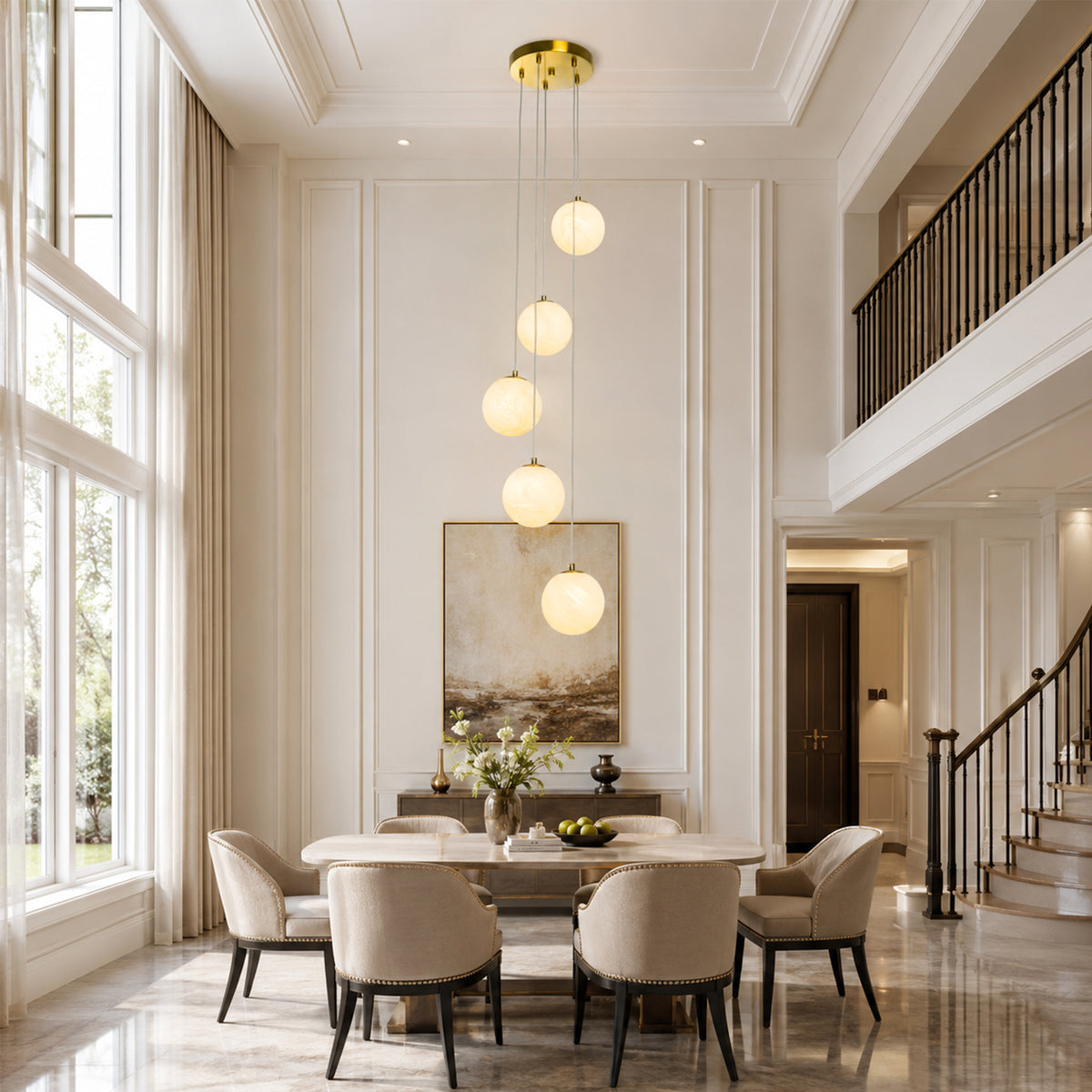 Modern 5-Light Faux Alabaster Glass Globe Cluste Pendant Light with Brass Finish Metal