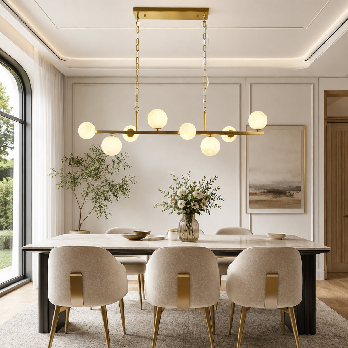 8-Light Brass Modern Linear Chandelier Kitchen Island Pendant Light with Faux Alabaster Glass Shade