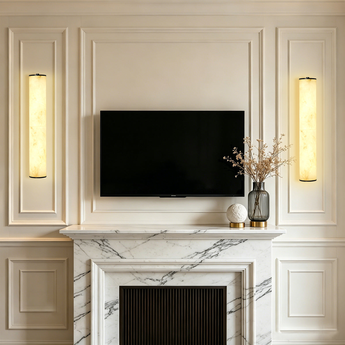 19.7" Modern Cylindrical LED Natural Alabaster Wall Sconce, Dimmable Integrated Light with Brass Metal Backp