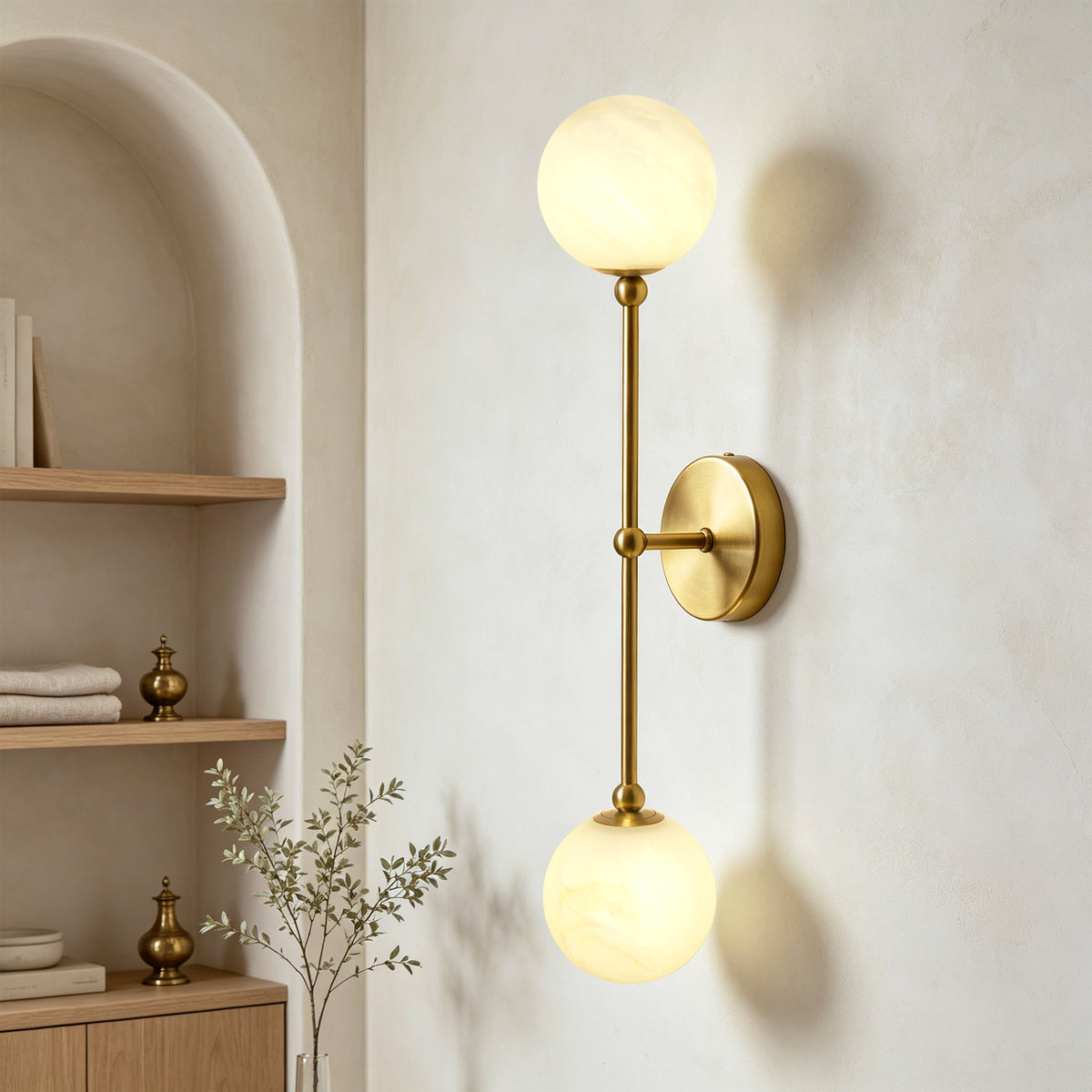 2-Light Globe Wall Sconce with Alabaster-Pattern Glass Shades and Brass Finish