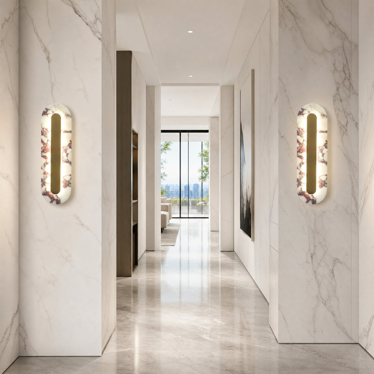 Modern Bulgari Marble Wall Sconce, 3‑Step CCT Selectable LED Light with Brass Metal Accent